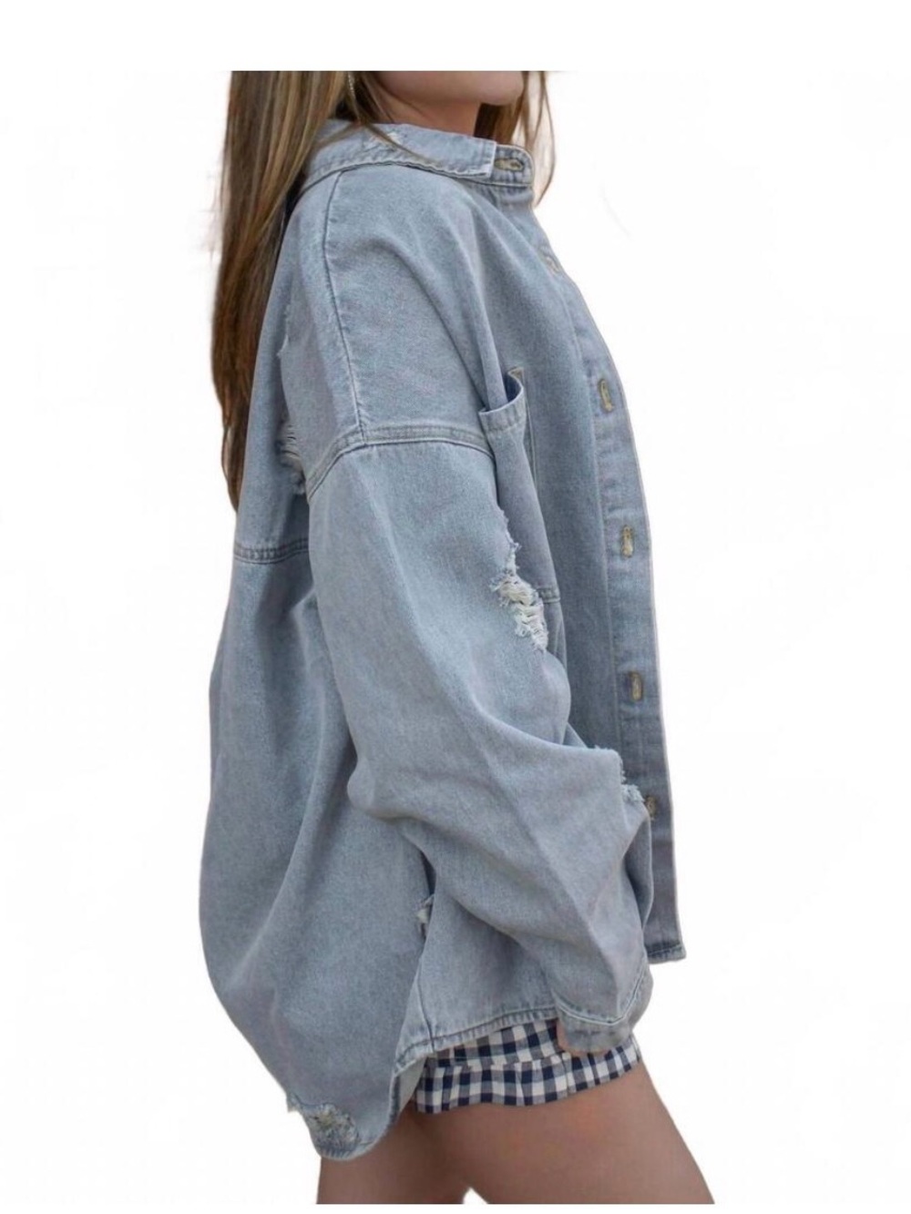 By Together Distressed Oversized Light Blue Denim Shirt Jacket Small
